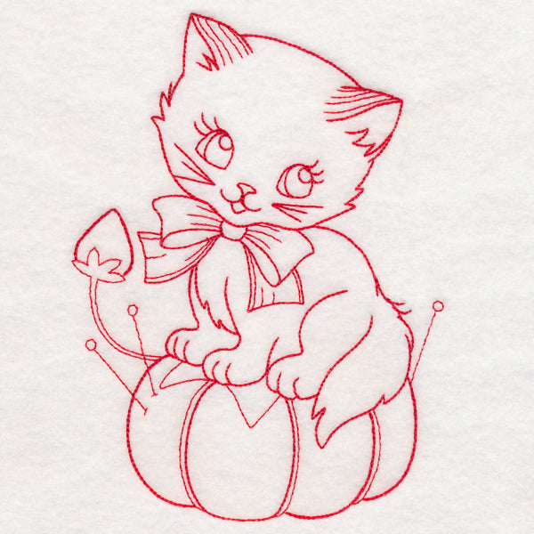 Crafty Cat with Pincushion (Redwork)