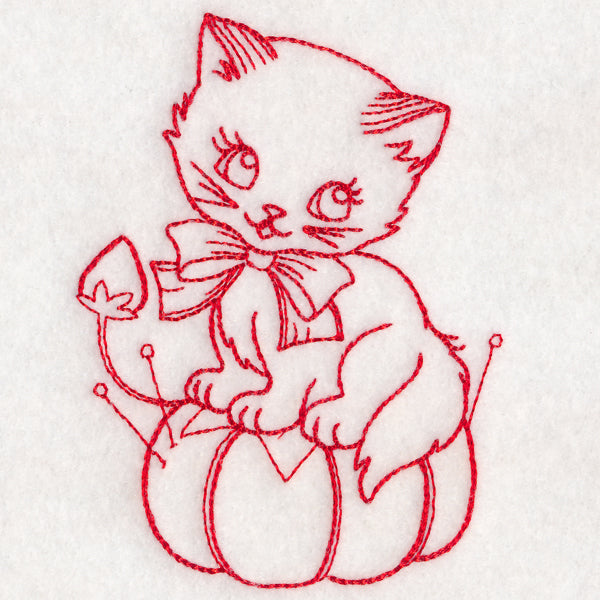 Crafty Cat with Pincushion (Redwork)