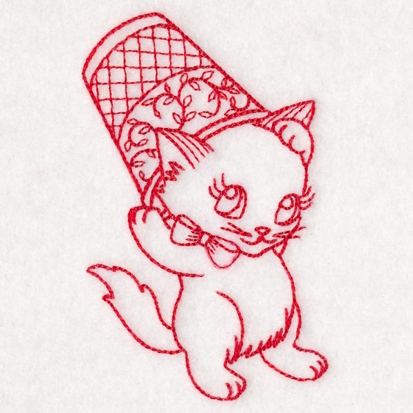 Crafty Cat with Thimble (Redwork)