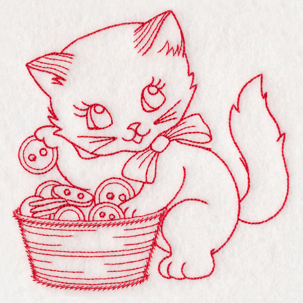 Crafty Cat with Buttons (Redwork)