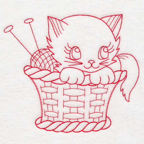 Crafty Cat with Knitting (Redwork)