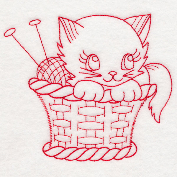 Crafty Cat with Knitting (Redwork)