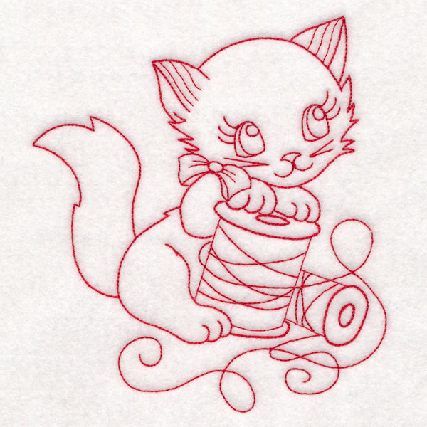 Crafty Cat with Thread Spool (Redwork)