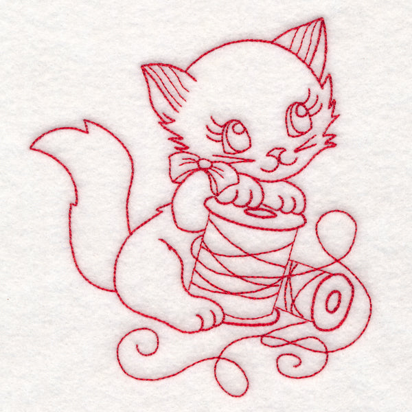 Crafty Cat with Thread Spool (Redwork)