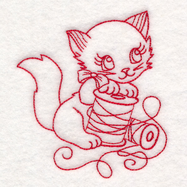 Crafty Cat with Thread Spool (Redwork)