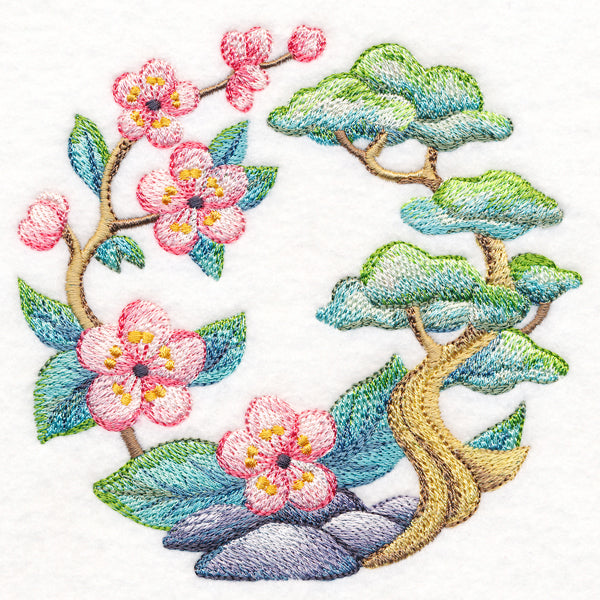 Blossoms and Bonsai Wreath in Watercolor