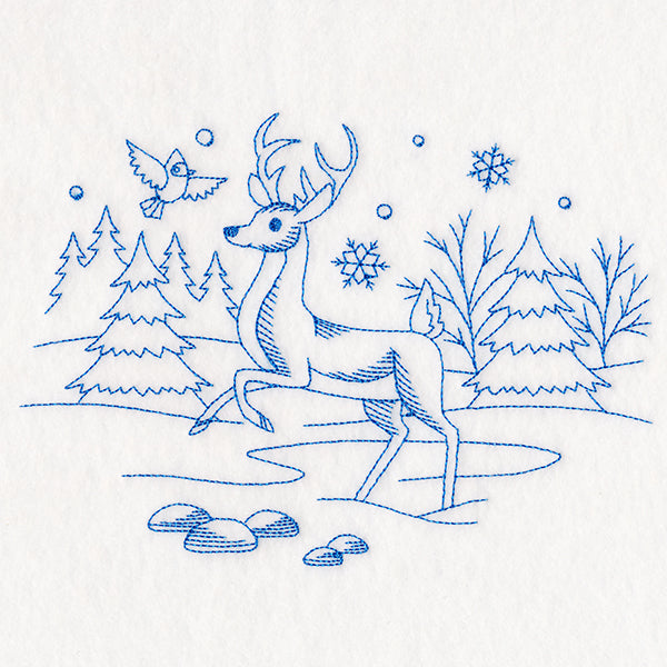 Winter Woodland Scene - Deer & Cardinal (Bluework)