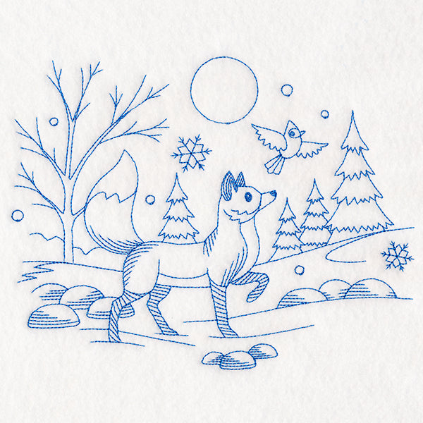 Winter Woodland Scene - Fox & Cardinal (Bluework)