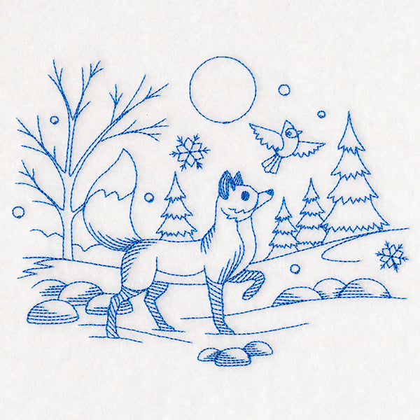 Winter Woodland Scene - Fox & Cardinal (Bluework)