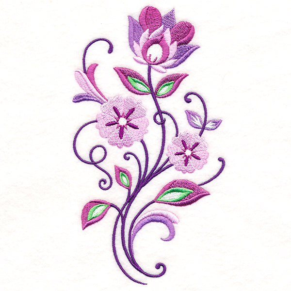 Digitally downloadable machine embroidery design of a floral spray with three purple and pink flowers, green leaves, and swirling stems on white fabric.