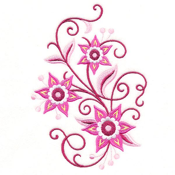 Digitally downloadable machine embroidery design featuring three stylized pink and purple flowers with swirling vines and decorative leaves.