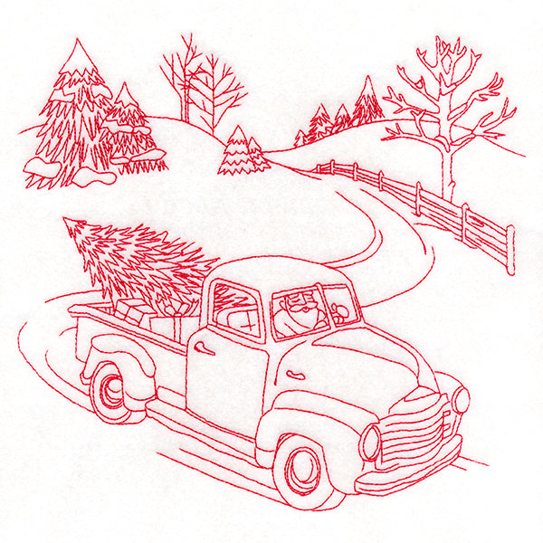 Classic Christmas Scene - Retro Truck (Redwork)