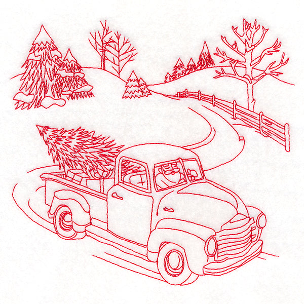 Classic Christmas Scene - Retro Truck (Redwork)