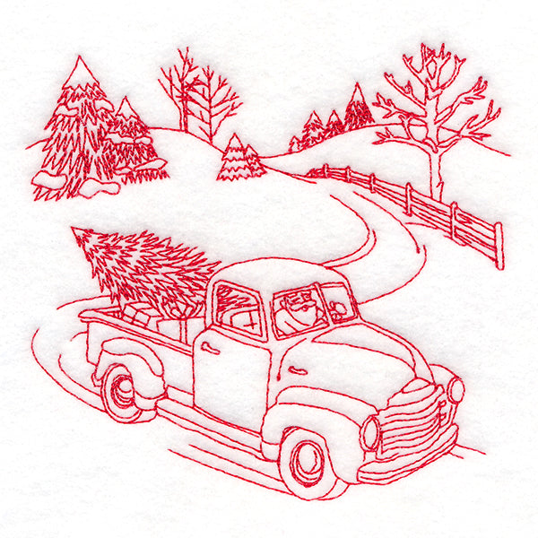 Classic Christmas Scene - Retro Truck (Redwork)