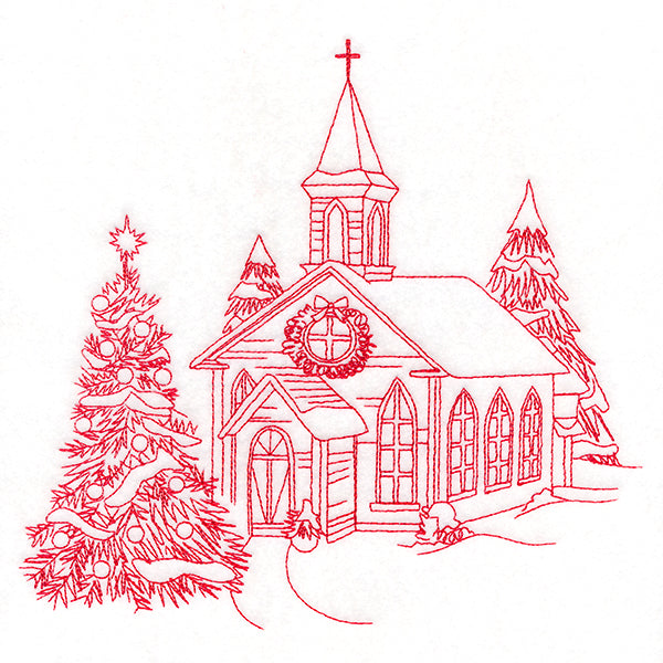 Classic Christmas Scene - Church (Redwork)