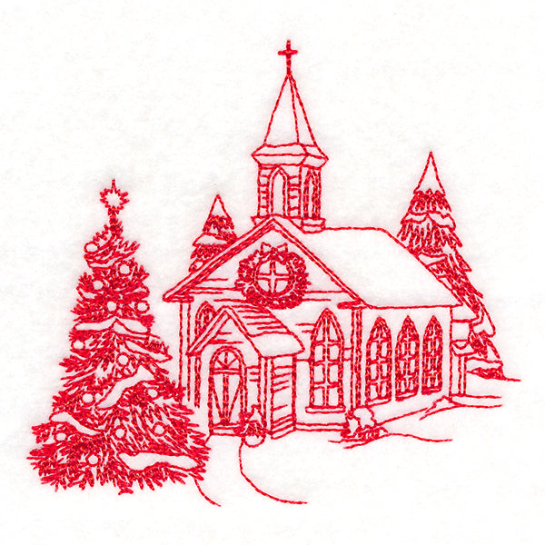 Classic Christmas Scene - Church (Redwork)