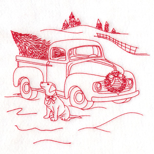 Classic Christmas Scene - Retro Truck with Pup (Redwork)