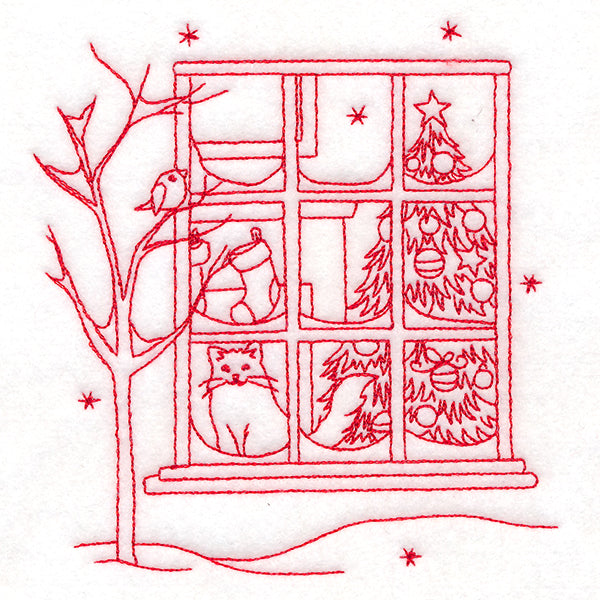 Classic Christmas Scene - Window (Redwork)