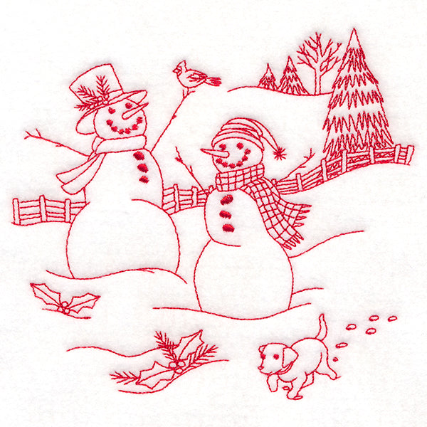 Classic Christmas Scene - Snowmen with Pup (Redwork)