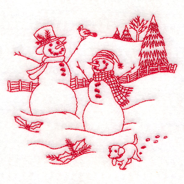 Classic Christmas Scene - Snowmen with Pup (Redwork)