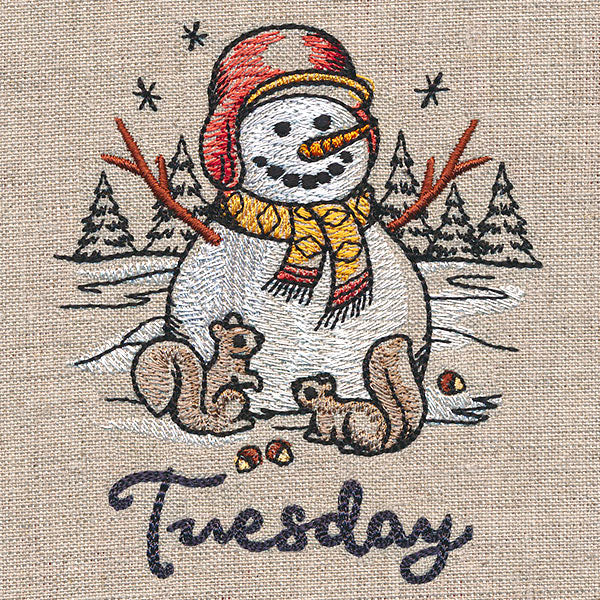 Country Snowman and Squirrels on Tuesday