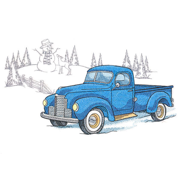 Digitally downloadable machine embroidery design of a blue retro truck with yellow headlights in front of a snowy hill, snowman, deer, and pine trees.