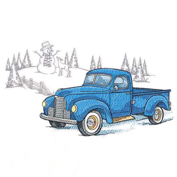 Digitally downloadable machine embroidery design of a blue retro truck in front of a winter scene with a snowman, reindeer, trees, and a fence.