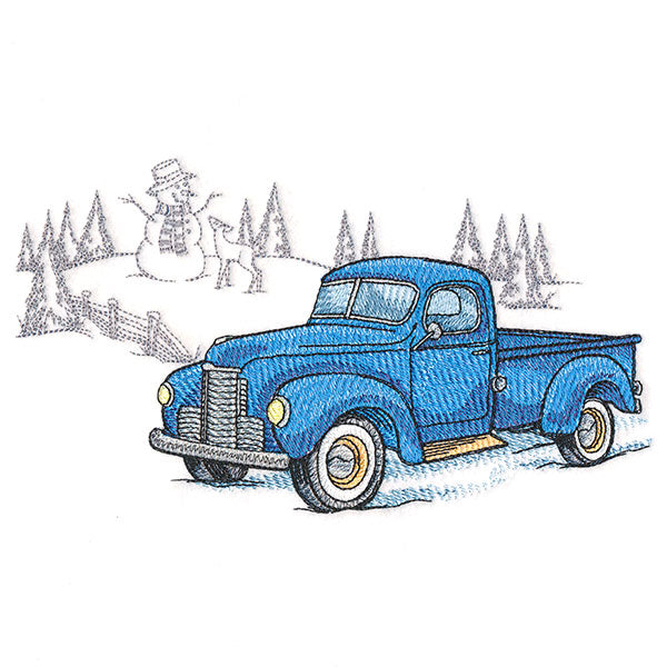 Digitally downloadable machine embroidery design featuring a blue retro truck with a snowy hill, snowman, deer, and trees in the background.