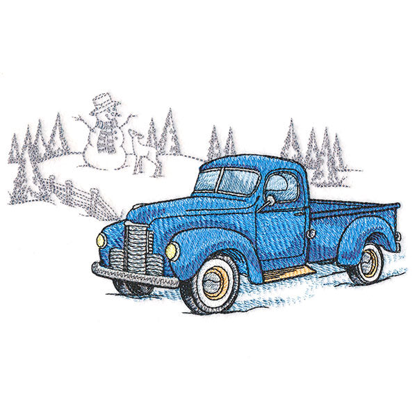 Digitally downloadable machine embroidery design featuring a blue retro truck with a snowman and evergreen trees.