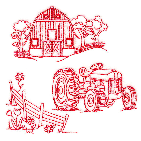 Classic Farm Scene - Tractor (Redwork)