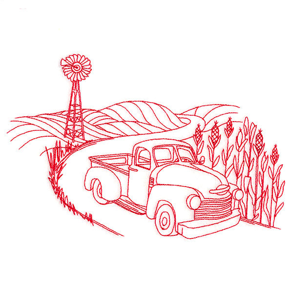 Classic Farm Scene - Retro Truck (Redwork)