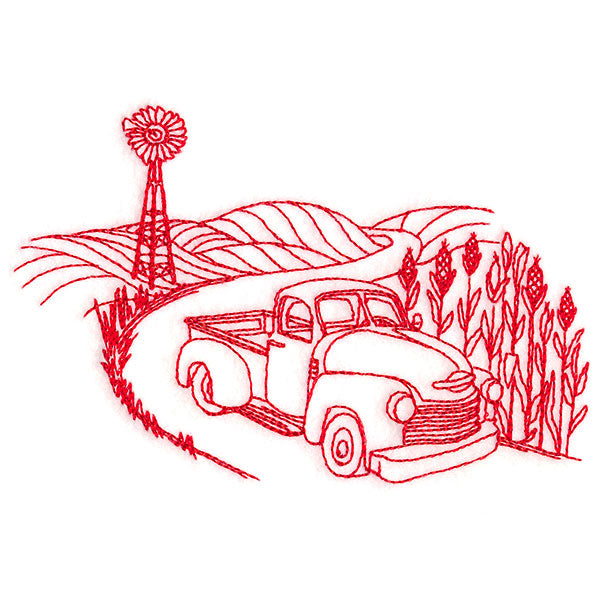 Classic Farm Scene - Retro Truck (Redwork)