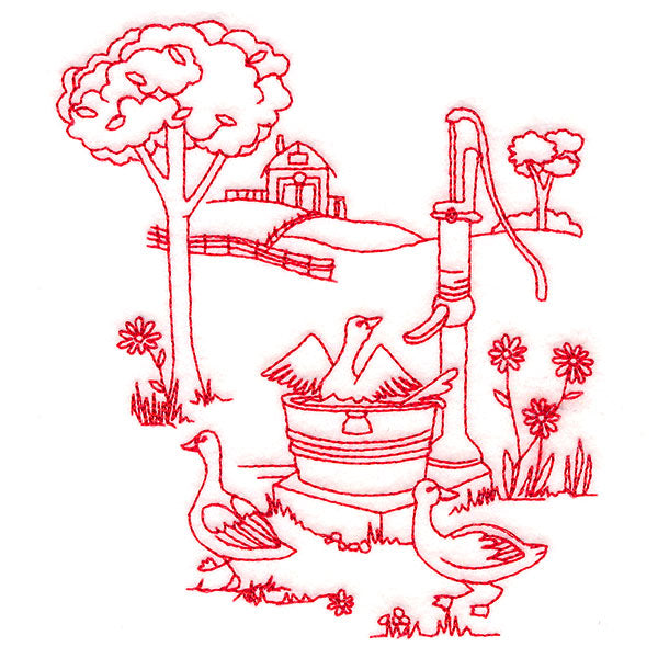 Classic Farm Scene - Water Pump (Redwork)