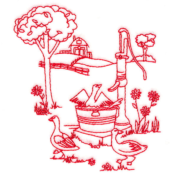 Classic Farm Scene - Water Pump (Redwork)