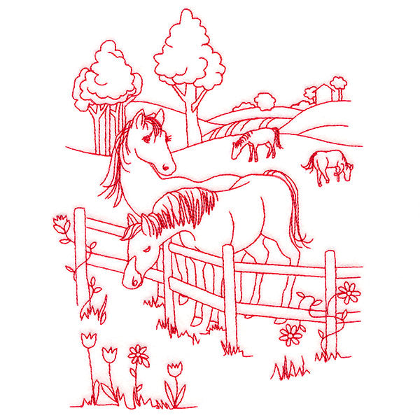 Classic Farm Scene - Horses (Redwork)