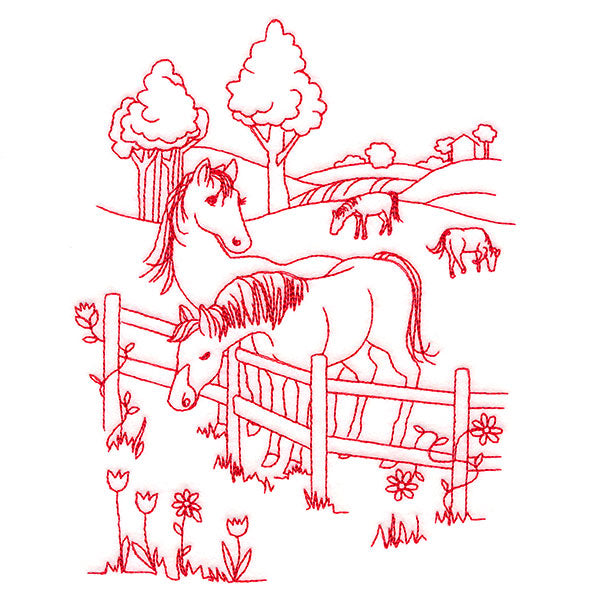 Classic Farm Scene - Horses (Redwork)