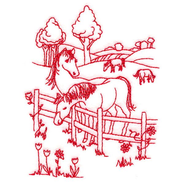 Classic Farm Scene - Horses (Redwork)