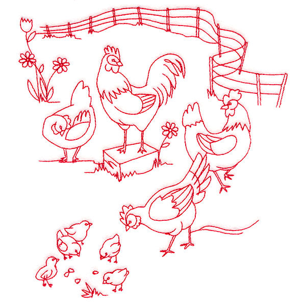 Classic Farm Scene - Chickens (Redwork)