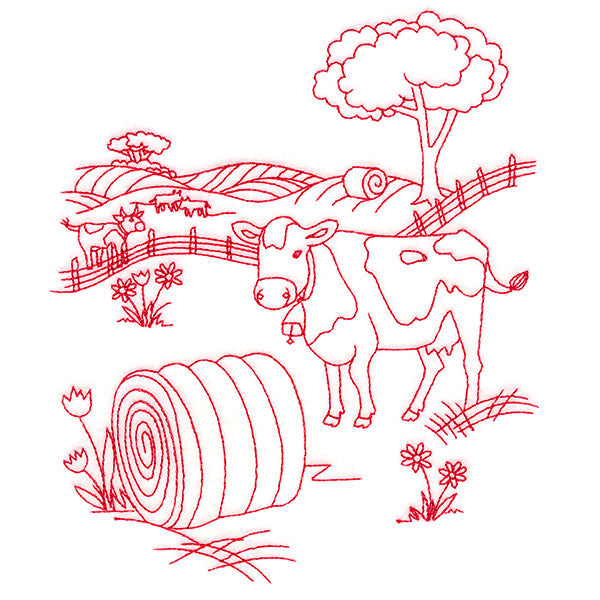 Classic Farm Scene - Cows (Redwork)