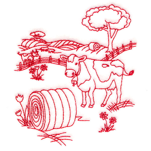 Classic Farm Scene - Cows (Redwork)