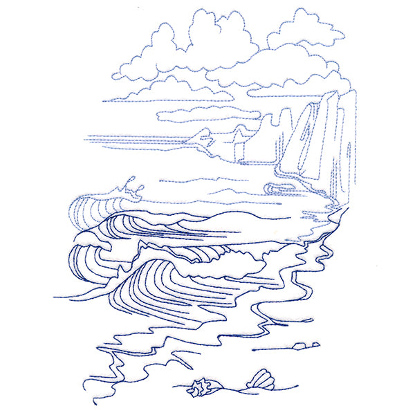Classic Beach Scene - Cliffside Waves (Bluework)