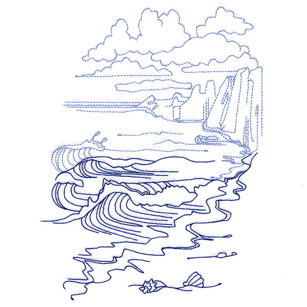 Classic Beach Scene - Cliffside Waves (Bluework)