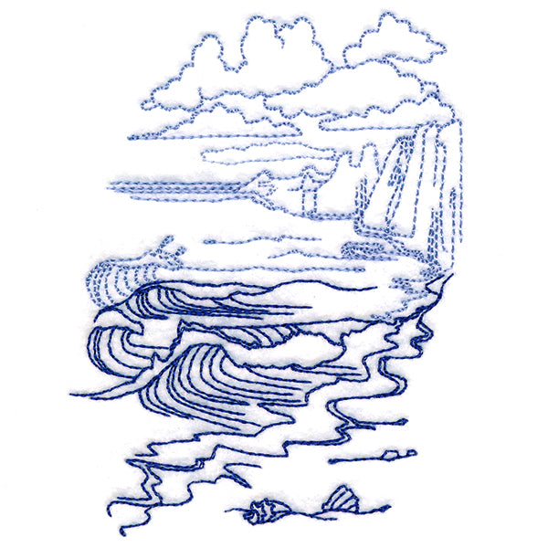 Classic Beach Scene - Cliffside Waves (Bluework)