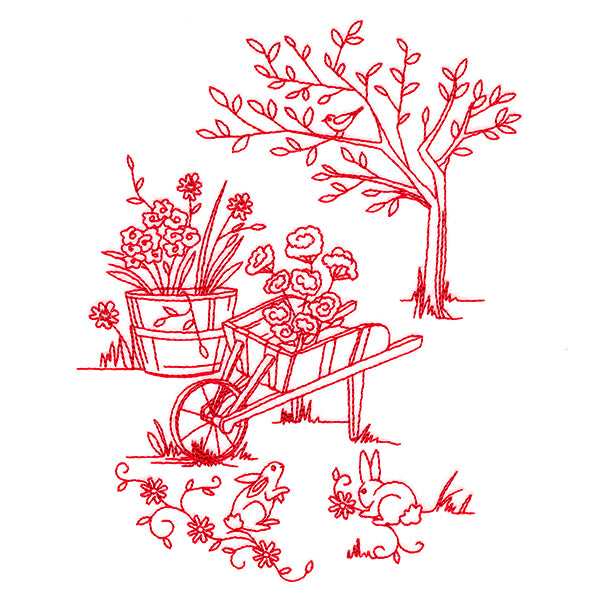 Classic Garden Scene - Wheelbarrow (Redwork)