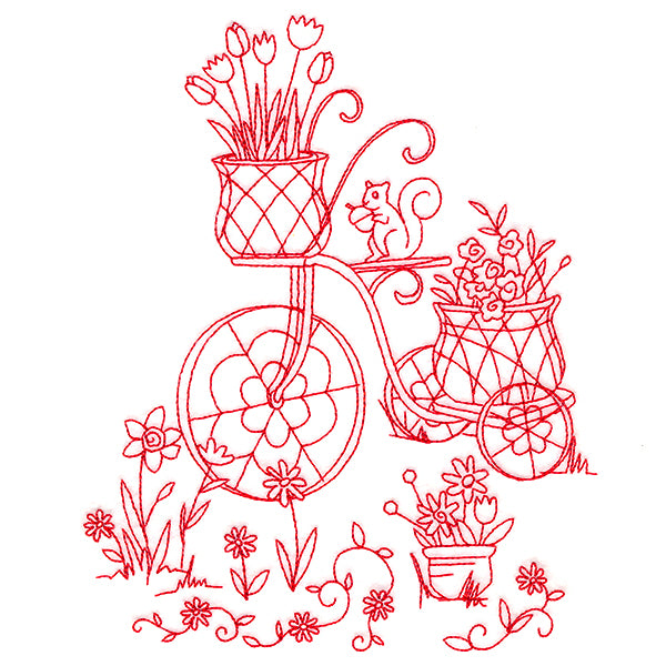 Classic Garden Scene - Bicycle (Redwork)