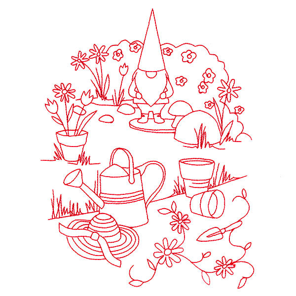 Classic Garden Scene - Gnome (Redwork)
