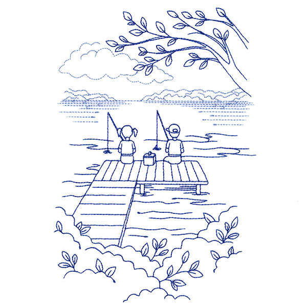 Classic Camping Scene - Fishing (Bluework)