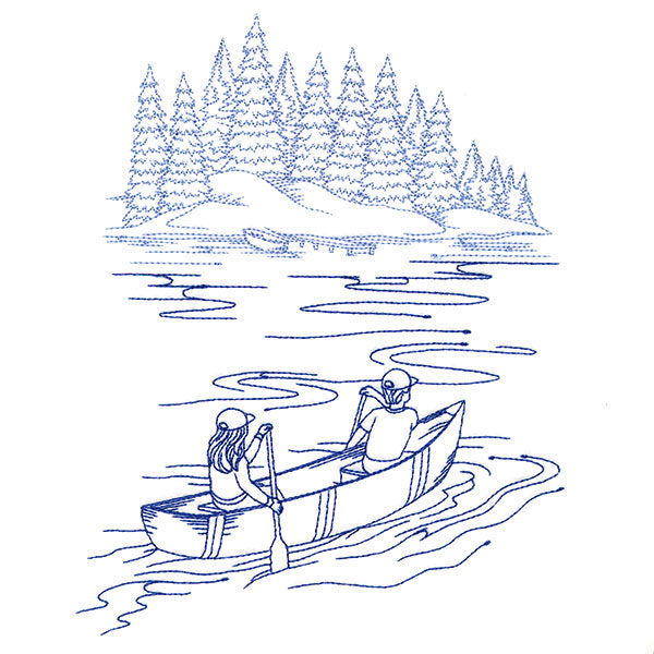 Classic Camping Scene - Canoeing (Bluework)