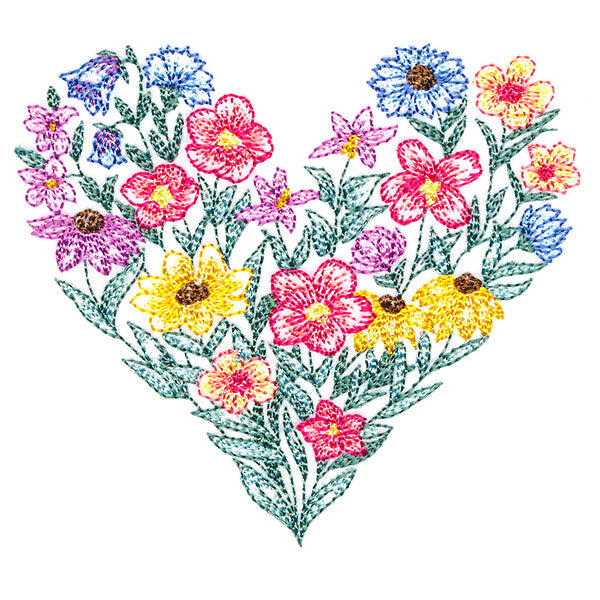 Digitally downloadable machine embroidery design features a heart shape filled with colorful wildflowers and green leaves.