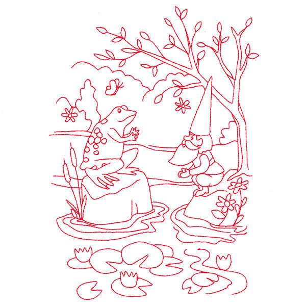 Magical Gnome Scene - At the Pond (Redwork)